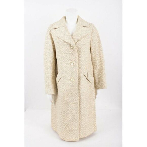 Vintage 60s 70s Womens Beige Tweed Coat Mid Length Size L  ILGWU Union Label - Picture 1 of 6